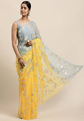 Gota Embellished Chiffon Saree in Shaded Grey and Yellow
