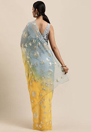 Gota Embellished Chiffon Saree in Shaded Grey and Yellow