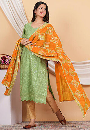 Gota Embellished Chinon Chiffon in Orange