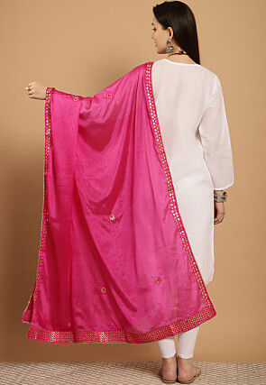 Gota Embellished Chinon Crepe Dupatta in Fuchsia