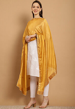 Gota Embellished Chinon Crepe Dupatta in Mustard