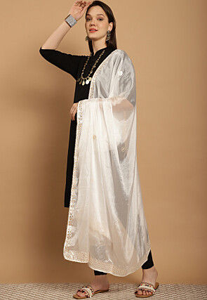 Gota Embellished Chinon Crepe Dupatta in Off White