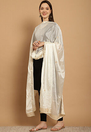 Gota Embellished Chinon Crepe Dupatta in Off White