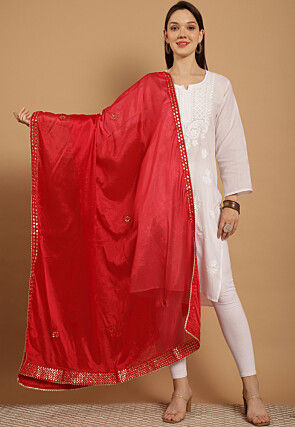 Gota Embellished Chinon Crepe Dupatta in Red