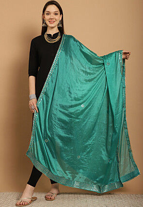Gota Embellished Chinon Crepe Dupatta in Teal Green