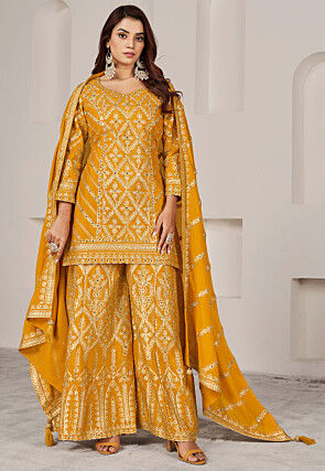 Gota Embellished Chinon Silk Pakistani Suit in Mustard