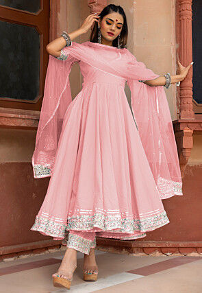 Gota Embellished Cotton Anarkali Suit in Baby Pink
