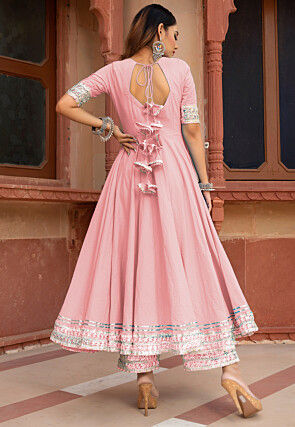 Gota Embellished Cotton Silk Anarkali Suit in Baby Pink