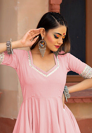 Gota Embellished Cotton Silk Anarkali Suit in Baby Pink