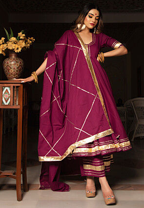 Gota Embellished Cotton Anarkali Suit in Burgundy