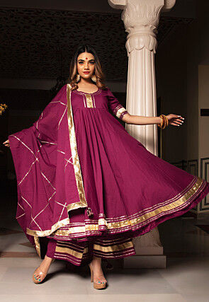 Gota Embellished Cotton Anarkali Suit in Burgundy