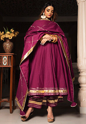 Gota Embellished Cotton Anarkali Suit in Burgundy