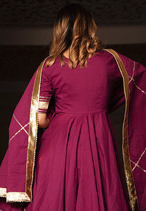 Gota Embellished Cotton Anarkali Suit in Burgundy