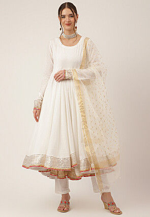 Gota Embellished Cotton Anarkali Suit in Off White