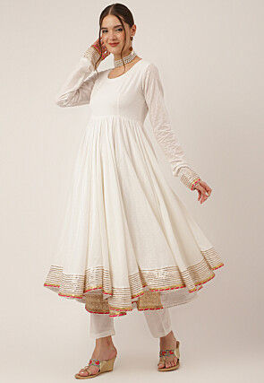 Gota Embellished Cotton Anarkali Suit in Off White
