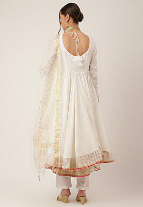 Gota Embellished Cotton Anarkali Suit in Off White