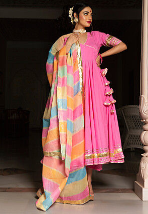 Gota Embellished Cotton Anarkali Suit in Pink