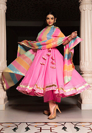 Gota Embellished Cotton Anarkali Suit in Pink