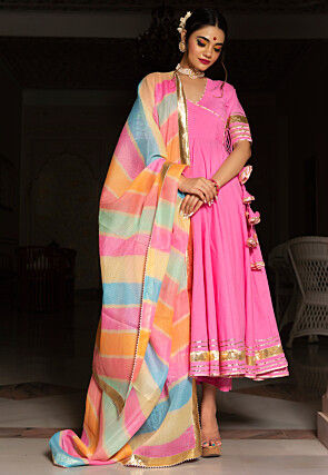 Gota Embellished Cotton Anarkali Suit in Pink