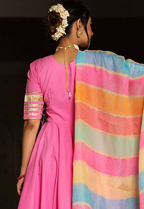 Gota Embellished Cotton Anarkali Suit in Pink