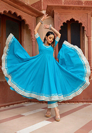 Gota Embellished Cotton Anarkali Suit in Sky Blue