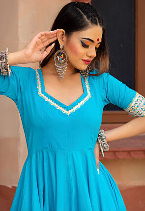 Gota Embellished Cotton Anarkali Suit in Sky Blue