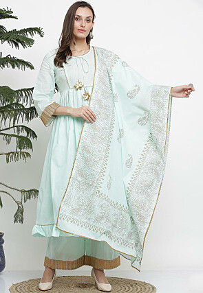 Gota Embellished Cotton Pakistani Suit in Pastel Green