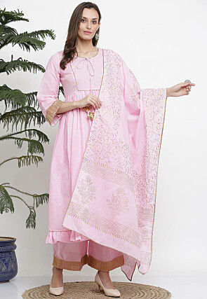 Gota Embellished Cotton Pakistani Suit in Pink