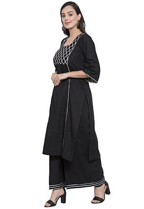 Gota Embellished Cotton Rayon Straight Kurta in Black