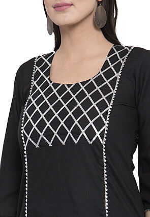 Gota Embellished Cotton Rayon Straight Kurta Set in Black
