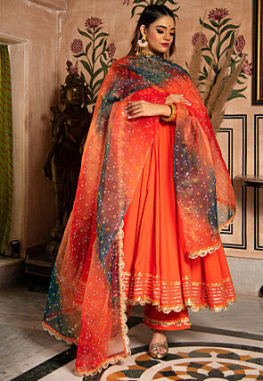 Gota Embellished Cotton Scalloped Anarkali Suit in Orange