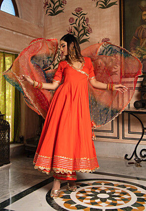 Gota Embellished Cotton Scalloped Anarkali Suit in Orange