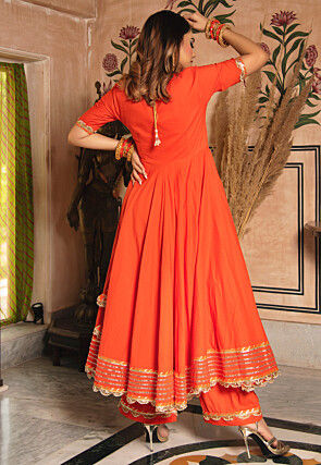 Gota Embellished Cotton Scalloped Anarkali Suit in Orange