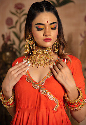 Gota Embellished Cotton Scalloped Anarkali Suit in Orange