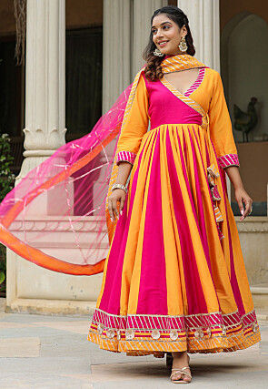 Gota Embellished Cotton Silk Anarkali Suit in Fuchsia and Yellow