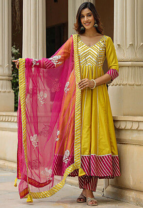 Gota Embellished Cotton Silk Anarkali Suit in Greenish Yellow