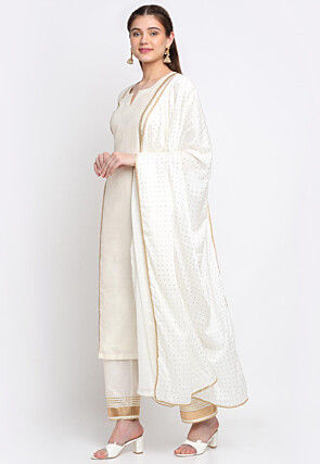 Gota Embellished Cotton Silk Pakistani Suit in Off White