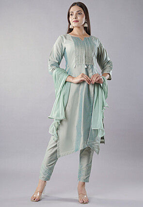 Gota Embellished Cotton Silk Pakistani  Suit in Sea Green