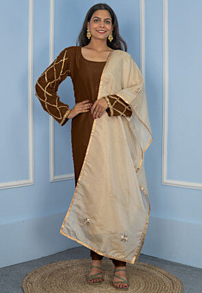 Gota Embellished Cotton Silk Straight Cut Suit in Dark Brown