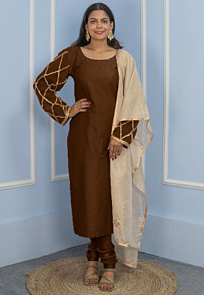 Gota Embellished Cotton Silk Straight Cut Suit in Dark Brown