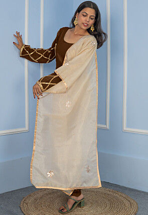 Gota Embellished Cotton Silk Straight Cut Suit in Dark Brown