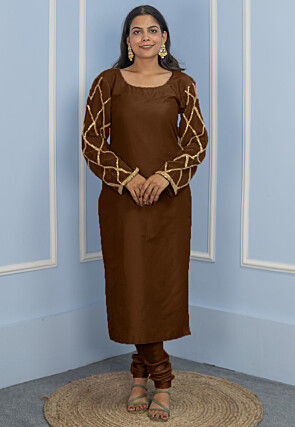 Gota Embellished Cotton Silk Straight Cut Suit in Dark Brown