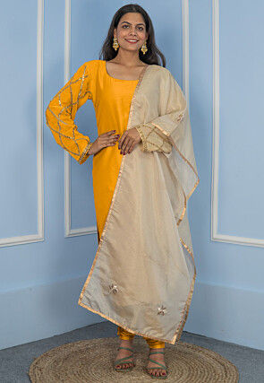 Gota Embellished Cotton Silk Straight Cut Suit in Dark Mustard