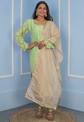 Gota Embellished Cotton Silk Straight Cut Suit in Pastel Green