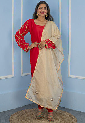 Gota Embellished Cotton Silk Straight Cut Suit in Red