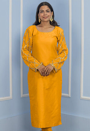 Gota Embellished Cotton Silk Straight Kurta in Dark Mustard