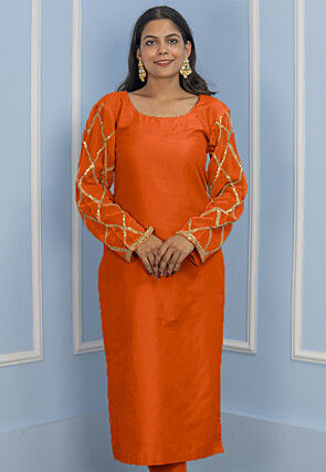 Gota Embellished Cotton Silk Straight Kurta in Dark Orange