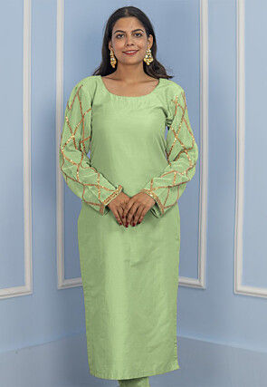 Gota Embellished Cotton Silk Straight Kurta in Pastel Green