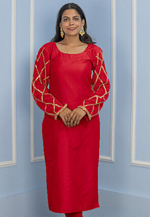 Gota Embellished Cotton Silk Straight Kurta in Red