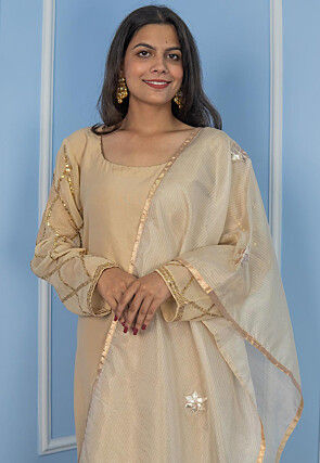 Gota Embellished Cotton Silk Straight Suit in Beige